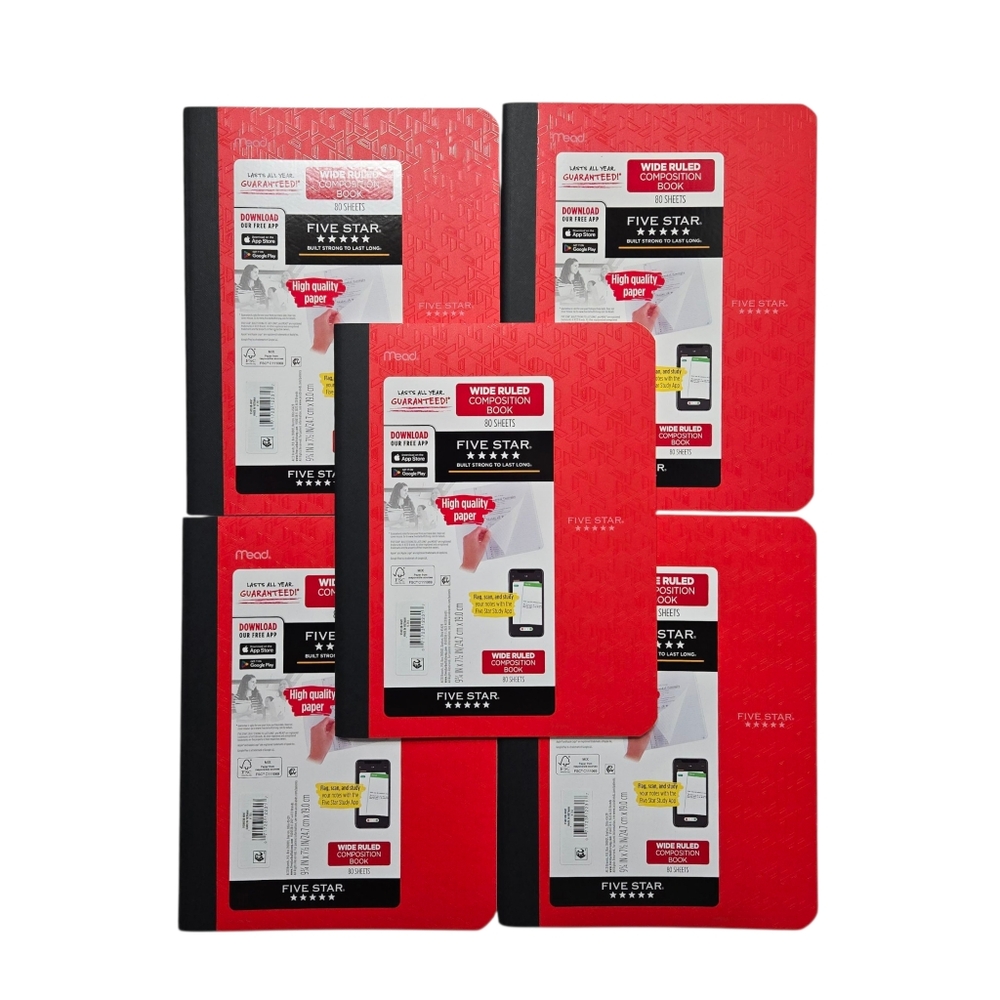 Mead Five Star Wide Ruled Composition Notebooks Fire Red